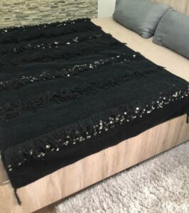 Handmade Moroccan Handira Wedding Blanket With Metal Sequins Black
